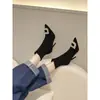 Botines para Mujer 2025 Otoño e Invierno Nuevo Estilo Punta Fina Tacón de Aguja Hebilla Cuadrada de Pedrería Gamuza Tacón Alto Botas Elásticas Botas Ajustadas Botines Tipo Calcetín para Mujer