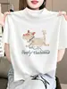 Camiseta feminina de algodão puro, manga curta, gola alta meia, escovada e espessa, branca, estilosa e versátil, top base para moda outonal