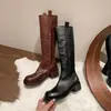 Botas de caballero de piel de vaca de primera capa para mujer, botas altas de invierno, nuevas, cepilladas, punta redonda, cremallera lateral, tacón medio grueso, botas rectas hasta la rodilla