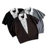 Camiseta de Tricô Manga Curta Gola Lapela Falsa de Duas Peças Estilo Old Money Patchwork Color Block Luxo Casual para o Trabalho