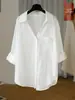Camisa de Lino Estilo Old Money para Mujer, Verano Fina Elegante para el Trabajo Cuello en V Holgada Manga Larga Protección Solar Chaqueta Top Blanco