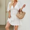 Blusa de protección solar transfronteriza para vacaciones europeas y americanas en AliExpress, color liso, cintura fruncida con cordón, falda de blusa de bikini transparente