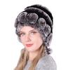 Cálido Gorro Grueso con Protección para las Orejas de Piel de Conejo Rex Tres Pompones Otoño e Invierno Gorro Redondo Tejido Sombrero de Lana para Mujer