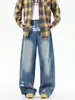 Calça Jeans Estampada Estilo Americano Acu para Homens, Primavera e Outono, Calça Larga Loose Lavada com Estampa Retro Americana
