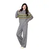Conjunto de Duas Peças Cardigã de Tricô Color Block Listrado com Zíper Duplo e Calça Wide Leg de Caimento Solto - Outono 2026