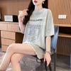 Moda Talla Grande Algodón Puro Estilo Coreano Manga Corta Empalmado Camiseta Verano Nuevo Encaje Largo Medio Estampado Top Suelto para Mujer
