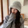 Gorro de Lana Retro de Bloques de Color de Invierno para Mujer Mostrando la Cara, Gorro de Pescador de Lana Tejida Cálido de Bloques de Color Pequeño de Alta Gama con Cubre-bocas