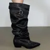 Botas Kalotu de punta fina fruncidas apiladas para mujer hebilla de cuero caña alta botas de montar retro caña ancha Botas de vaquero occidentales