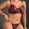Conjunto de lencería sexy de tres piezas con estampado de leopardo, estampado de vaca y cadena metálica para mujeres de talla grande 8156