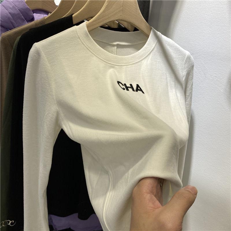 双面德绒字母刺绣长袖T恤女春季新款圆领加绒加厚内搭打底衫上衣