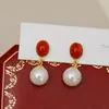 Brincos de Ágata Vermelha Naturais Retrô de Verão para Mulheres, Luxo Leve, Modernos, Brincos de Pérola Simples e Elegantes