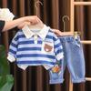 Traje de ropa de primavera para niños 2024 Nuevo Conjunto de dos piezas Polo con cabeza de oso a rayas para bebés y niños, ropa casual de moda para bebés
