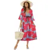 Estilo Jersey, Elegante Vacaciones Viaje Cintura Alta Rojo Verano Moda Estampado Bohemio Playa Casual Vestido Largo, Estilo Europeo y Americano