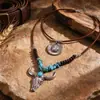 Colar Estilo Étnico Cowboy Ocidental Pingente de Cabeça de Touro Turquesa Colar Trançado Corrente de Clavícula Dupla Camada Empilhada