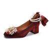 Zapatos de tacón alto con punta cuadrada y tacón grueso para boda, color rojo, con tiras de perlas y tacón medio, Mary Jane, estilo francés, para dama de honor que no cansa los pies.