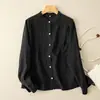 Camisa larga de manga larga de algodón y lino estilo vintage de corte holgado para mujer, nuevo modelo primavera-verano 2024, cuello redondo, chaqueta camisa de longitud media para mujer