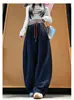 Pantalones de chándal de otoño para mujer, estilo americano, bloques de color, cintura elástica, patchwork, con remaches, dobladillo curvo, cintura alta, cordón y diseño casual de pierna ancha
