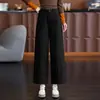 Calça feminina nova versátil de cintura alta, modelagem solta, perna estreita e larga, calça casual fashion, calça cropped de corte curvo