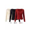 Moda Vintage Tejido de Punto Ajustado para Mujer Principios de Otoño Cuello Cuadrado Hebilla Abertura en la Base Top S21007