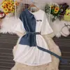 Conjunto Saia Sexy Doce e Descolado Feminino Verão Top Tubinho Curto Jeans Colete Duas Peças Saia Midi de Cintura Alta Linha A
