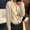Cárdigan de Punto Trenzado para Mujer Otoño Invierno Nuevo Holgado Versátil Adelgazante Cuello Chal Abrigo Suéter Estilo Perezoso Top de Moda