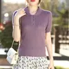 Estilo nuevo de verano algodón puro cuello camisero casual manga corta tejido calado moda torsión delgado corte ajustado camiseta top para mujer