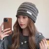 Gorro de Punto a Rayas con Borde Enrollado Estilo Coreano para Mujer, Cálido para Otoño/Invierno, Versátil, Adelgazante, Slouchy