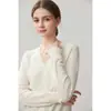 Otoño e Invierno Nuevo Suéter de Cachemira de Color Sólido con Ribete de Encaje en V para Mujer Cárdigan Corto de Punto Grueso para Mujer