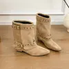 Botas de outono 2026 bico fino em couro sintético estilo francês salto grosso altura média com fivela de cinto, design novo moderno e elegante