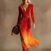 Vestido Transfronteiriço Novo Estilo com Decote em V e Mangas Longas com Elementos de Impressão Digital 3D, Saia Fashion e Personalizada para Marcar a Cintura para Mulheres