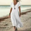 Vestido feminino de cor sólida, gola V, estilo solto, imitação de algodão, para comércio exterior transfronteiriço europeu e americano, Amazon, Wish, site independente