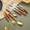 Cuchillo, tenedor y cuchara de acero inoxidable 304 transfronterizo, estilo japonés ins, vajilla con mango de madera, juego de cubiertos para comida occidental, estilo retro con logo