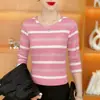 Moda Primavera 2026 Nova Camiseta de Manga Longa Listrada para Mulheres, Gola Redonda, Esconde a Barriga, Emagrecimento, Reduz a Idade, Blusa de Mãe