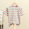 Camiseta de manga corta 100% algodón para niños, cuello redondo a rayas, holgada, nueva, para niños y niñas, venta al por mayor, ropa infantil, comercio exterior