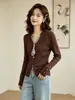Elegante top de punto estilo coreano con cuello en V, bufanda de seda y textura acanalada, suave y ajustado, de manga larga, multicolor, adecuado para usar en capas en otoño
