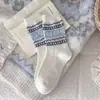 Meias de Lã com Laço para Mulheres, Meias de Cano Médio Estilo Retro Fair Isle, Meias Grossas Quentes para o Inverno, Meias Largas Estilo Coreano