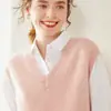 Colete de Cashmere Liso Feminino Gola V Sem Mangas Cardigan Peça de Exterior Suéter Estiloso Versátil