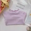 Tops de Moda para Niñas de Primavera y Otoño, Camiseta de Color Sólido con Volantes y Cuello Semi-Alto, Estilo Coreano, Marca Moderna para Niños