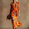 Vestido Transfronteiriço Novo Estilo com Decote em V e Mangas Longas com Elementos de Impressão Digital 3D, Saia Fashion e Personalizada para Marcar a Cintura Feminina