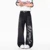 Calça jeans masculina com estampa de raio retro americana lavada transfronteiriça, calça reta afunilada com vibe de rua