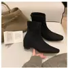 Botines para Mujer 2026 Nuevo Estilo Francés Punta Cuadrada Tacón Bajo Botas Negras Elásticas Ajustadas con Cremallera Trasera Botas de Moda Versátiles