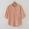 Camisa Feminina de Manga Curta com Gola Alta Lisa de Gaze Dupla Estilo Japonês Verão 2026 Bolso Top de Algodão Amigo da Pele