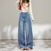 Jeans azul wide leg retrô americano para mulheres, novo jeans de outono e inverno de cintura alta, modelagem solta que afina o corpo para mulheres A14124