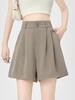 Shorts de Traje Caqui de Seda Helada para Mujer Verano Delgados de Cintura Alta Ajustados Sueltos Casuales Línea A Ropa Exterior Pantalones de Cinco Puntos