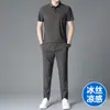 Camiseta Esportiva Masculina de Seda de Gelo Sem Costura para o Verão 2025 Conjunto Cor Sólida Respirável Nova Roupa para Homens de Meia-Idade e Idosos Negócios