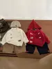 Suéter para Bebê Menino Outono e Inverno Novo Estilo Estilo Bebê e Criança Pequena Cardigan de Tricô Acolchoado Bordado Terno Vermelho para Bebê de Um Ano Saudações de Ano Novo