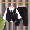 Terno Pequeno para Meninos Terno Primavera e Outono Estilo Coreano Casaco Terno Colete Britânico Infantil Conjunto de Três Peças Vestido de Bebê