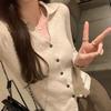 Suéter retro elegante francés con cuello polo, color liso simple, cárdigan de botones para mujer, otoño, suéter de manga larga