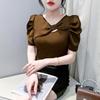 2024 verão novo estilo elegante V-neck laço t-shirt mulheres de manga curta moda puff-sleeved top slim-fit slim-fit camisa pequena