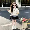 Conjunto Otoñal de Dos Piezas para Niña: Conjunto de Sudadera Informal de Moda con Retazos y Falda Plisada para Estudiantes de Secundaria